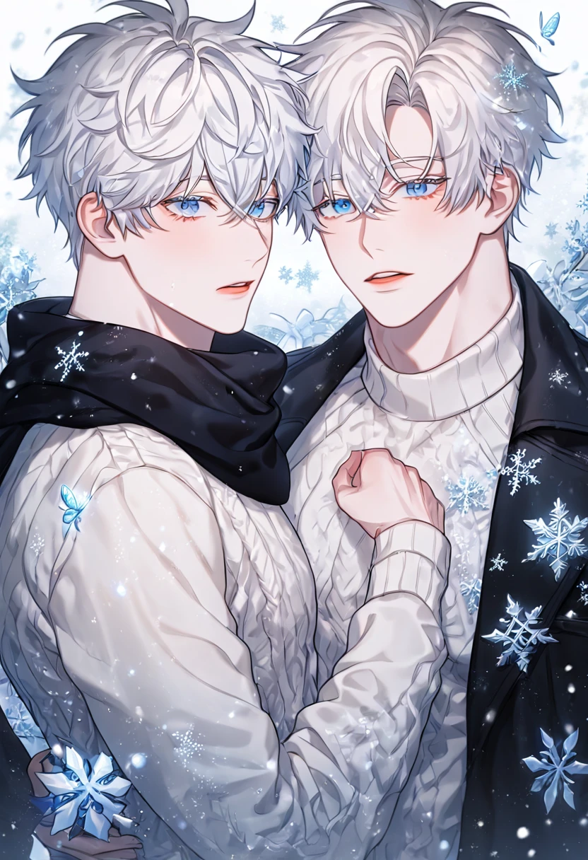 absurdres, highres, ultra detailed, HDR, master piece, best quality, extremely detailed face, delicated features, Kang Woojin, black messy hair, expressive dark blue eyes, Love Jinx, Gojou Satoru, white hair, expressive blue eyes, two sexy men together, gay couple, yaoi, handsome, toned chest, black coat, white sweater, black scarf, fantasy, magical, radiant, snowing, winter, snowflakes, white ice butterflies, ice lilies, ice garden
