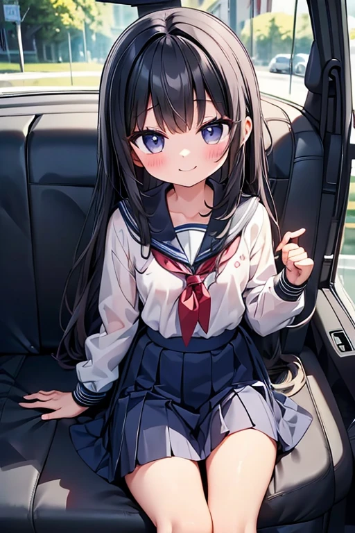 One person、Long Hair、、Black Hair、With bangs、6 year old girl、small、1st grade elementary school students、Baby Face、smile、Big eyes、barefoot、black eye、cute、Are thin、Very small breasts、School uniforms、身長のsmall、((In the car))、Luxury vehicles、Bare Skin、Show the whole body、