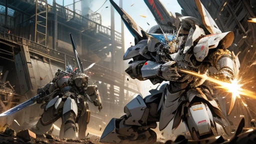 knight armor massive,mobile suits,(roboT brasched:1.3),roboT,meca,droid,heaby armor massive,human_not,anime style,holding_sword,masterpiece,masterpiece,best quality,super detailed,super fine illustration,8k,dynamic' angle,industry meca design,giant size.Break in battlefield,cigarette,explosion,collapse building,detailed background,