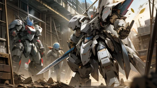 knight armor massive,mobile suits,(roboT brasched:1.3),roboT,meca,droid,heaby armor massive,human_not,anime style,holding_sword,masterpiece,masterpiece,best quality,super detailed,super fine illustration,8k,dynamic' angle,industry meca design,giant size.Break in battlefield,cigarette,explosion,collapse building,detailed background,