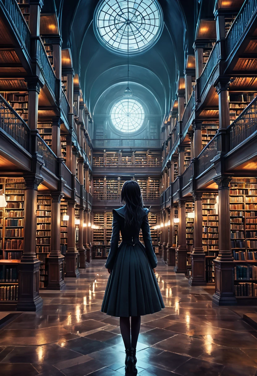 Anime scene of a girl in a library with many books, Vast library, The Eternal Library, Infinite Celestial Library, A library of Ruina concept art, Ancient Library, Infinite Library, The Great Library, standing inside a Library of Magic, Gothic epic library concept, Library Background, The Eternal Library, Old Library, Dusty Library, Library of Magic, in a gloomy library