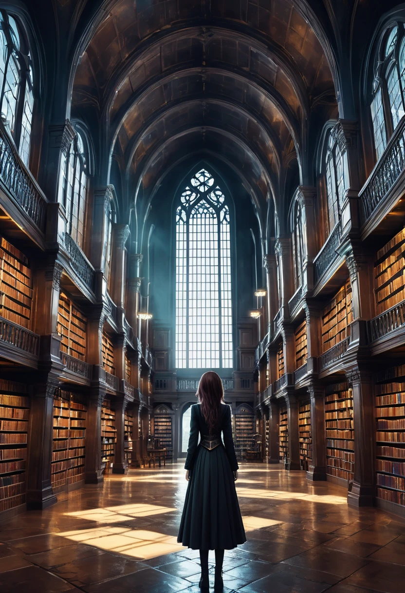 Anime scene of a girl in a library with many books, Vast library, The Eternal Library, Infinite Celestial Library, A library of Ruina concept art, Ancient Library, Infinite Library, The Great Library, standing inside a Library of Magic, Gothic epic library concept, Library Background, The Eternal Library, Old Library, Dusty Library, Library of Magic, in a gloomy library