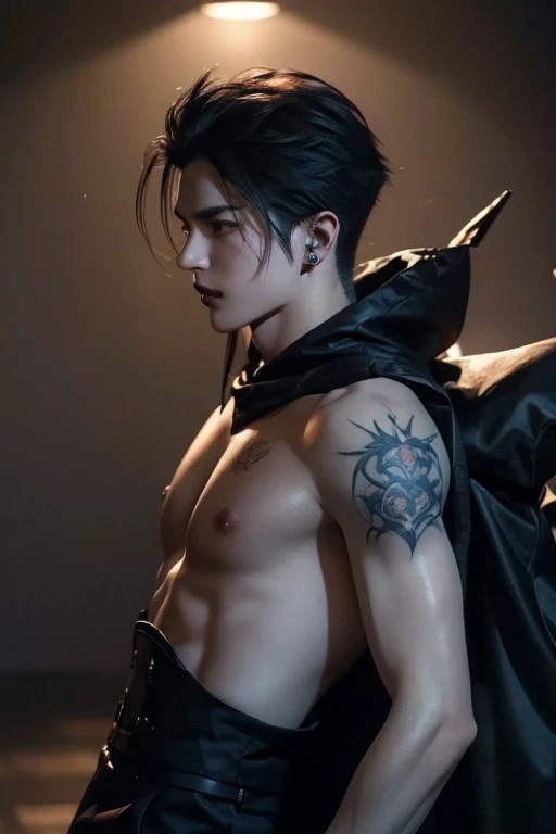 Stunning dark fantasy intricately detailed masterpiece in 32k, UHD, scene contains a 25 year old anime manga male vampire with pale skin, piercings, visibly tattooed with floral designs, fangs, in an intimatepose with long black hair grey eyes freckled skin, intimatelykissing a 25-year-old male on his back, giving an impression of a dark fantasy atmosphere, Dark fantasy romantic semirealistic manga comic style. Volumetric and dynamic lighting. Hyperdetailed photorealistic hyperrealistic