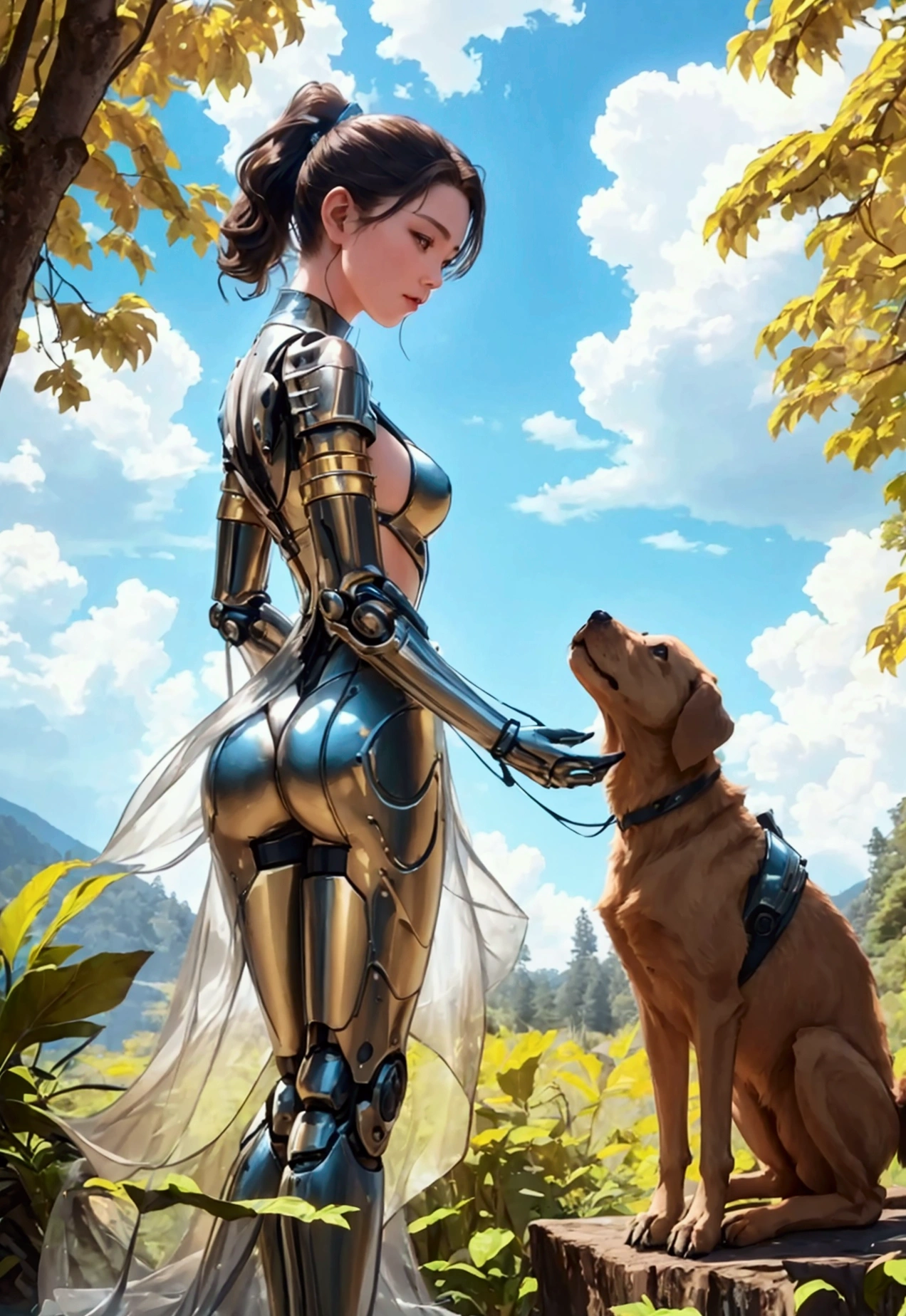 A mechanical girl and her dog with mechanical legs, through a vast and beautiful landscape , Surrounded by lush nature, Extreme low angle butt up shot from below_see the view, shining smile, delicate details, brown short hair_ponytail style, pale skin, (best quality, 4K, 8k, high resolution, masterpiece: 1.2), very detailed, (realistic: 1.37), official art, amazing, serene, inspirational, dramatic lighting, forest, (sunny day_blue sky, Clumping clouds), natural beauty,