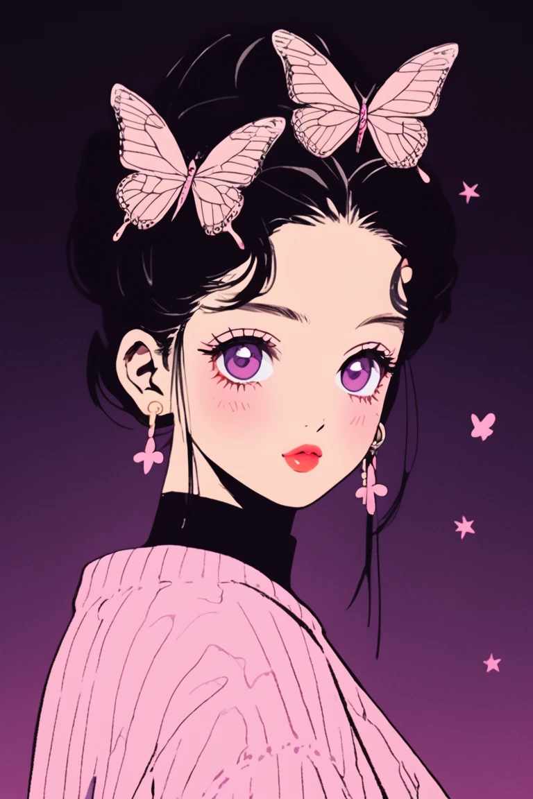 (Highest quality, sketch:1.2),Realistic,Illustrator,アニメ,1 Girl, Detailed lips,sweater,custom,Pink gradient background,Neon Hair,Texture Cropping,masterpiece, Style: Retro Classic, Dark Black、Braid、Under the Moon、Black Hair、Beautiful butterfly、Rainbow Butterfly Hair Ornament、Long Hair、Fair skin,Side Tail with a single knot、Butterfly Hair Ornament、、beautiful girl、Real、cute、Purple Eyes、Side Tail