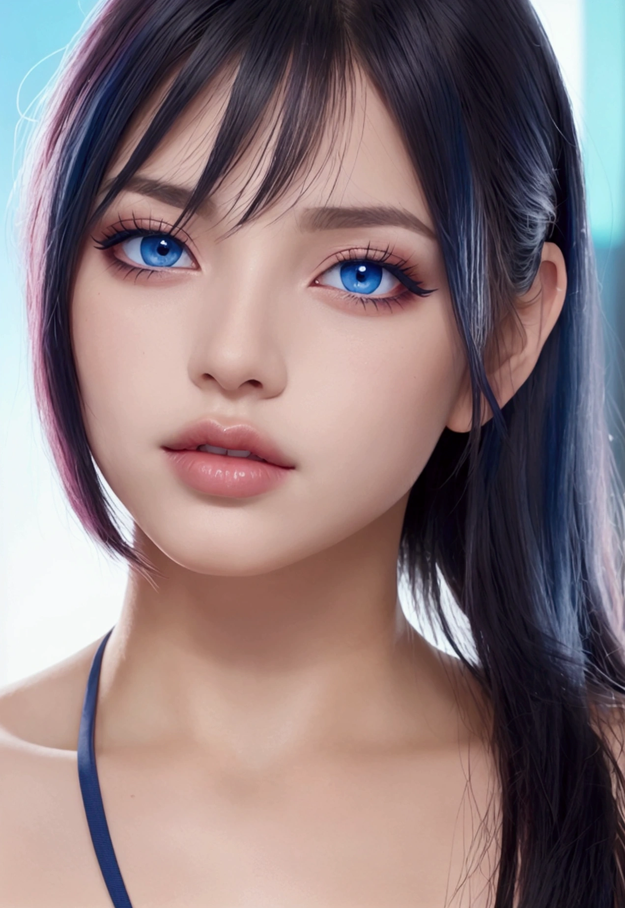 (Canon 50),(Rendered by octane),8k, seducer, symmetrical face, Dramatic cinematic lighting, (very strong blue lighting from behind), (light orange glow on the left side, Dramatic +2, hyper realist, spirited, very sexy pose. 1womanl, detail on the face, Focus on the face, straight short hair, bangss, hyperrealistic eyes, blue color background, highlight on lips that show fissures, lips with pink lipstick, half-open mouth showing part of the tooth. Black lined eye makeup. 