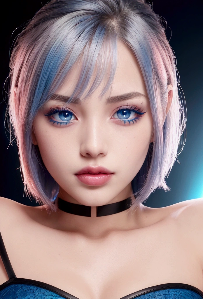 (Canon 50),(Rendered by octane),8k, seducer, symmetrical face, Dramatic cinematic lighting, (very strong blue lighting from behind), (light orange glow on the left side, Dramatic +2, hyper realist, spirited, very sexy pose. 1womanl, detail on the face, Focus on the face, straight short hair, bangss, hyperrealistic eyes, blue color background, highlight on lips that show fissures, lips with pink lipstick, half-open mouth showing part of the tooth. Black lined eye makeup. 