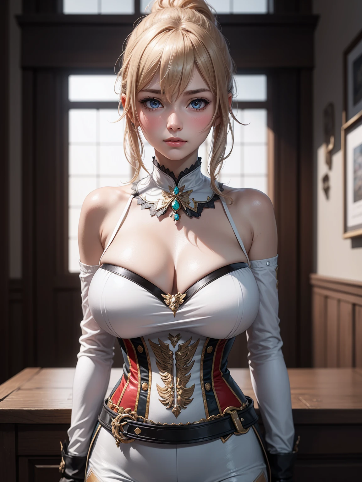 Masterpiece, high quality, 8k, ultra detailed, detailed face, (huge breast), standing, blush, bright eye, indoors, (detail face), jeandef, stand up straight,