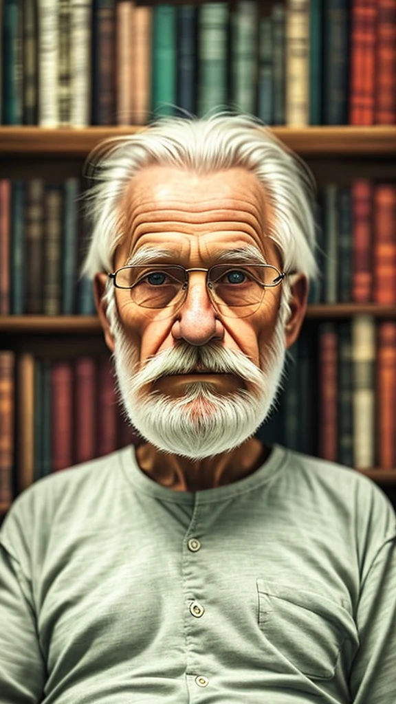 The one with a beard、Man sitting in front of a bookshelf Peaceful old man, An old man with white hair, old man portrait, Wise old man, old man, portrait photo of an old man, a old man,