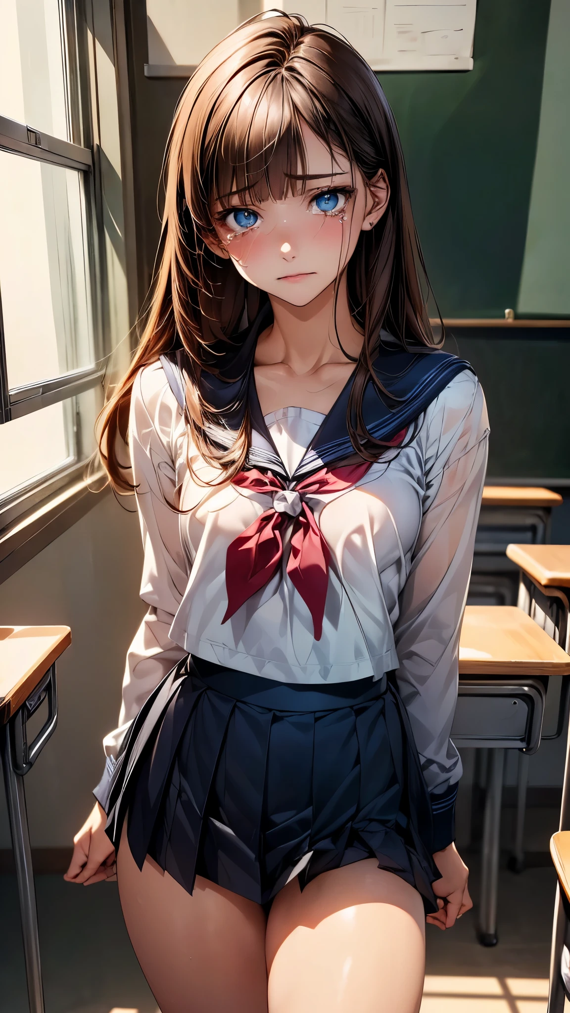 (masterpiece:1.2, top-quality), (realistic, photorealistic:1.4), beautiful illustration, (natural side lighting, movie lighting), depth of fields, , 
beautiful detailed hair, beautiful detailed face, beautiful detailed eyes, beautiful clavicle, beautiful body, beautiful chest, beautiful thigh, beautiful legs, 
looking at viewer, 1 girl, 18 years old, (perfect anatomy, anatomically correct, super detailed skin), cute and symmetrical face, perfect face, perfect eyes, 
(long hair, straight hair, sideburns, brown hair), blunt bangs, break red eyes, big eyes, gorgeous eyes, long eye lasher, (small breasts, seductive thighs), perfect body, oily skin, 
(sailor suit, pleated mini skirt, light blue neckerchief), 
(beautiful scenery), (classroom:1.2, japanese school), standing, (frightened expression, tears),
