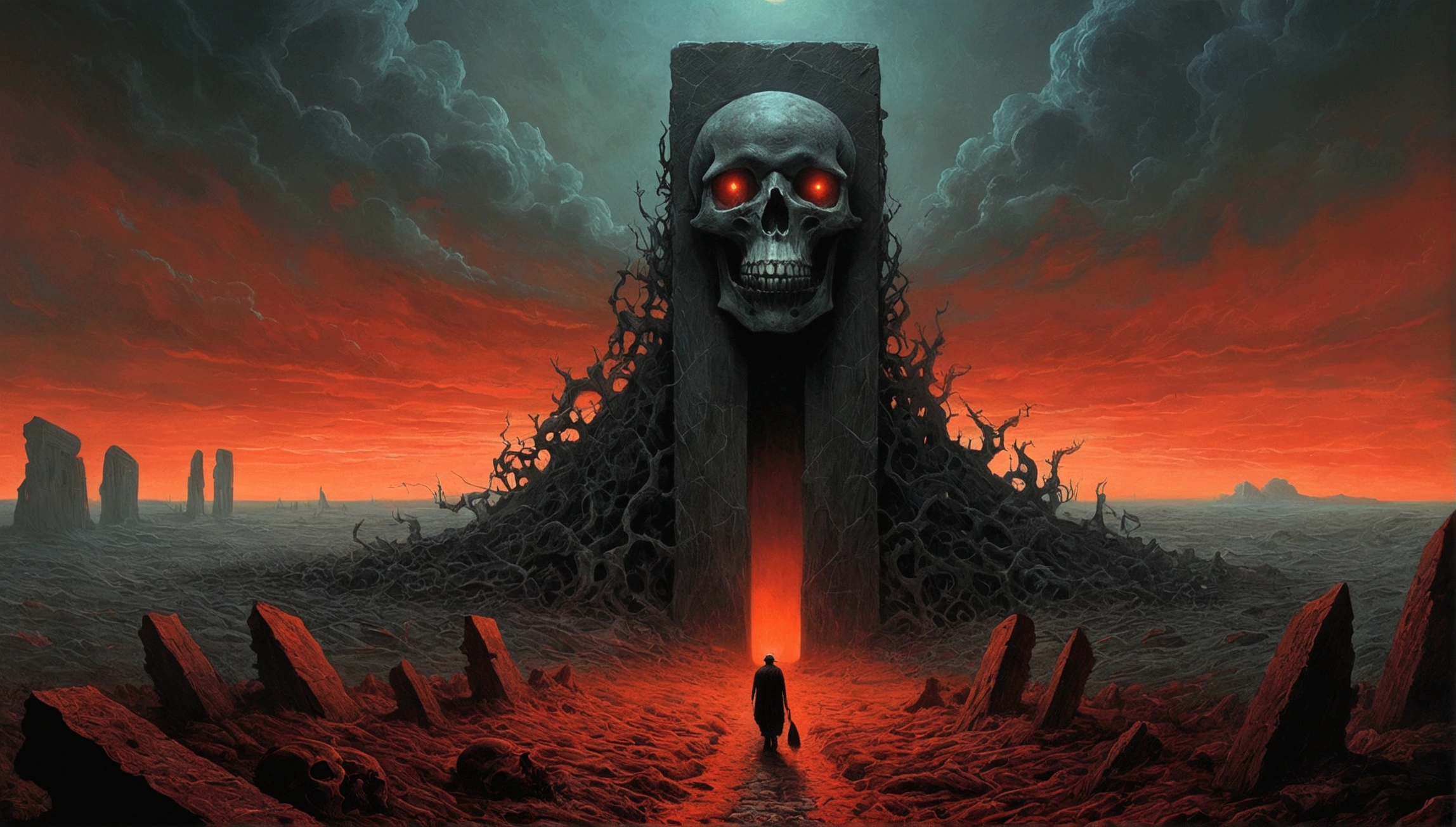 skeleton creatures, monolith, obsidian rectangle, by zdzislaw beksinski and van gogh, album cover art, rome, surrealism, futuristic ,satan, t-rex, coral, wizard, abstract, dark, red, hell, landscape, wallpaper, eyes