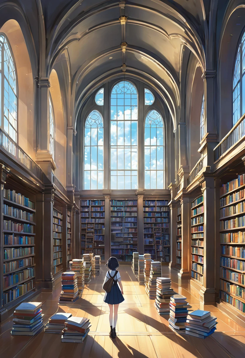 Anime scene of a girl in a library with many books, Illustrations for a picture book by Makoto Shinkai, pixiv Contest Winner, Conceptual Art, Vast library, The Eternal Library, Infinite Celestial Library, A library of Ruina concept art, Ancient Library, Infinite Library, The Great Library, standing inside a magic library, Gothic epic library concept, Library Background