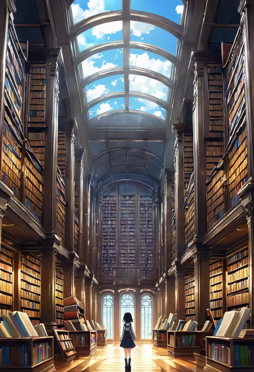 Anime scene of a girl in a library with many books, Illustrations for a picture book by Makoto Shinkai, pixiv Contest Winner, Conceptual Art, Vast library, The Eternal Library, Infinite Celestial Library, A library of Ruina concept art, Ancient Library, Infinite Library, The Great Library, standing inside a magic library, Gothic epic library concept, Library Background