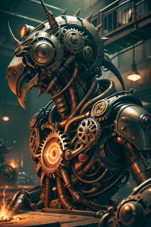 Mechanical creature bug, gears, wires, metal plating, clock gears, electric wires, in the wild, masterpiece,Highest quality,8k,High resolution, Fantastic,scary,horrific, Steam smoke, oil dripping, red light eyes, copper tubing, photorealistic, 8k, high resolution,