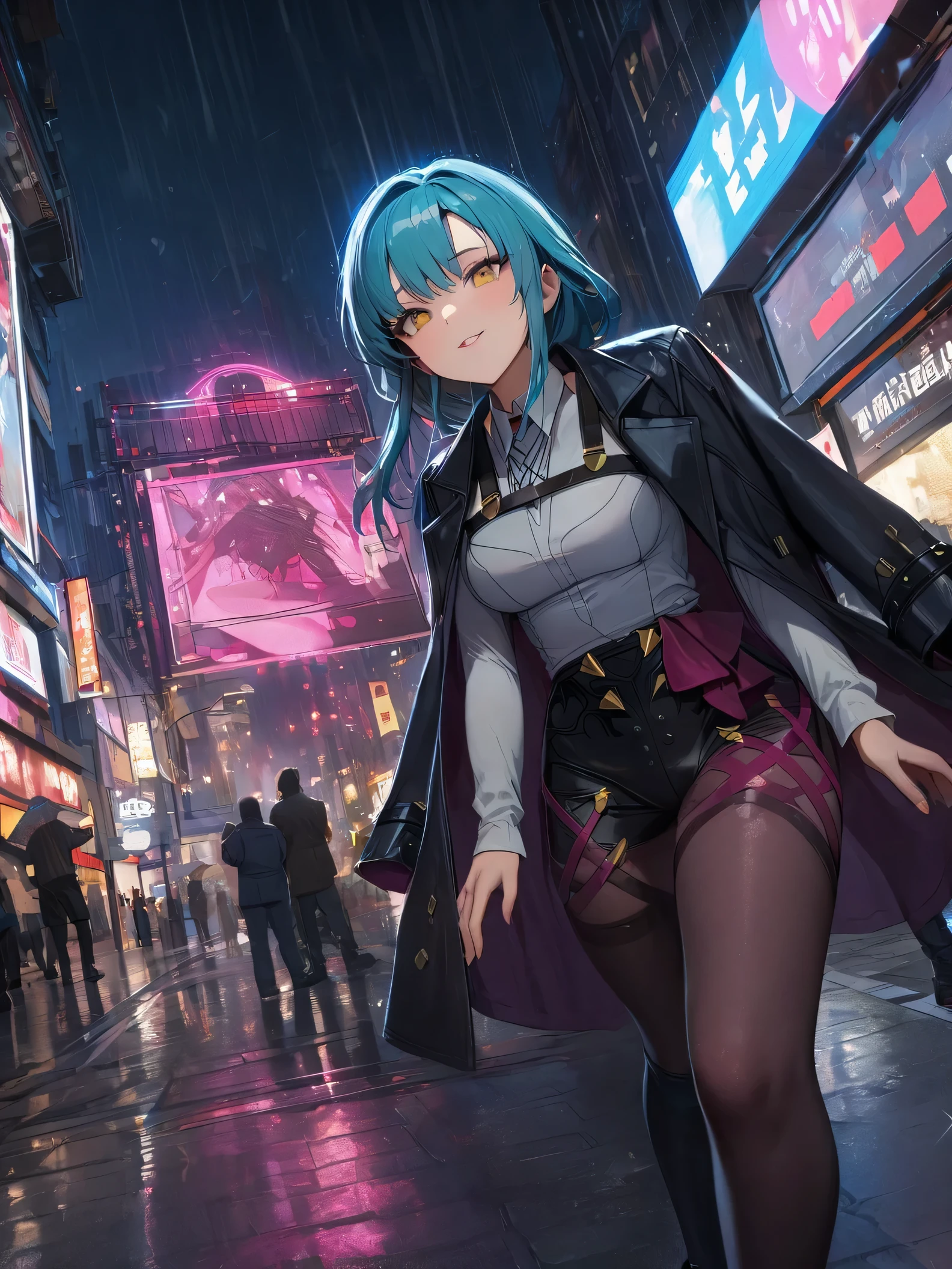 (1 girl), masterpiece, photoactual, 8k, (actual: 1.2), whole body, looking at the audience, knee-high tights, Aqua blue hair, (Kafka: 1.2), pedestrian mall, beauty, (Medium breasts: 1.3) night, night sky, City, Cityscape, rain, (Dramatic: 1.2)