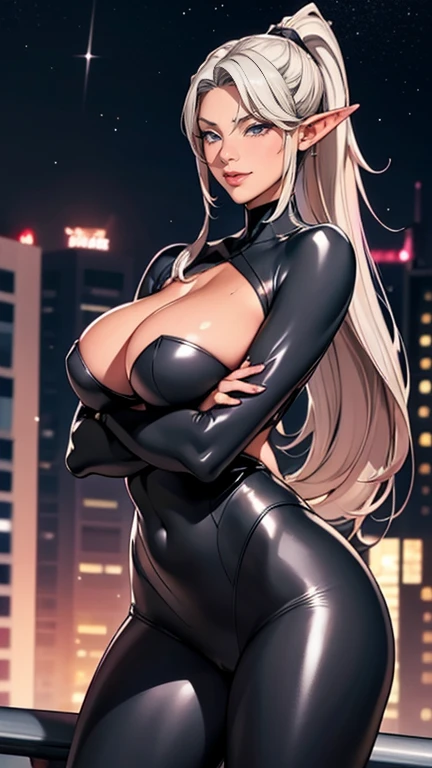 Elf Woman, Very black and tanned skin, Beautiful silver hair, Pointy Ears, Beautiful red eyes, Thick pink lips, ponytail, Shiny black rubber suit, Beautiful body lines, Description of upper body, Lovely smile, Open your lips, close, 8k, night, Dark rooftop of a high-rise building, Starry Sky,