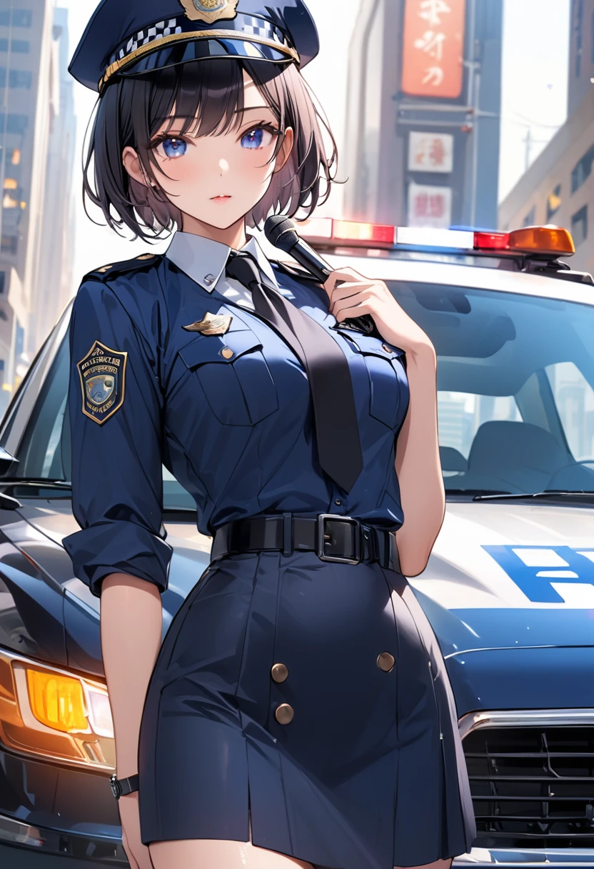 ((Highest quality))、((masterpiece))、(detailed)、((Anatomically correct))、One Woman、aldult、(look at me)、cowboy shot、(Ultra-glossy skin with attention to detail:1.1)、Glowing Skin、bangs、Short Hair、Shiny black hair、(Beautiful Eyes:1.3)、Slim figure、medium breasts、Police Officer、Black tie、Navy Blue Skirt、Police car