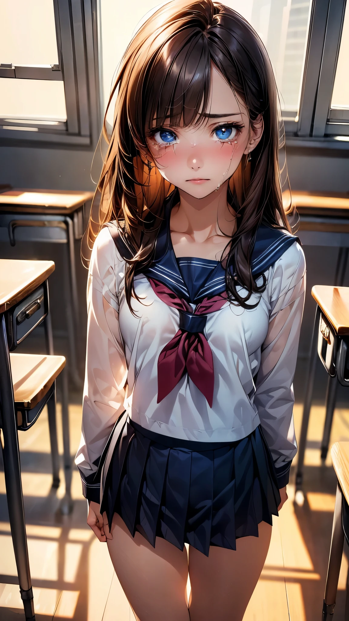 (masterpiece:1.2, top-quality), (realistic, photorealistic:1.4), beautiful illustration, (natural side lighting, movie lighting), depth of fields, ,
beautiful detailed hair, beautiful detailed face, beautiful detailed eyes, beautiful clavicle, beautiful body, beautiful chest, beautiful thigh, beautiful legs,
looking at viewer, 1 girl, 18 years old, (perfect anatomy, anatomically correct, super detailed skin), cute and symmetrical face, perfect face, perfect eyes,
(long hair, straight hair, sideburns, brown hair), blunt bangs, break red eyes, big eyes, gorgeous eyes, long eye lasher, (small breasts, seductive thighs), perfect body, oily skin,
(sailor suit, pleated mini skirt, light blue neckerchief),
(beautiful scenery), (classroom:1.2, japanese school), standing, (frightened expression, tears),
