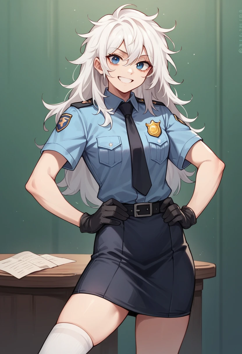 table top, best quality, high resolution, one girl, alone, long hair, holding, blue eyes, white hair, messy hair, black gloves, white socks, police uniform, black skirt, short sleeves, cowboy shot, saluting, hands on hips, smiling,