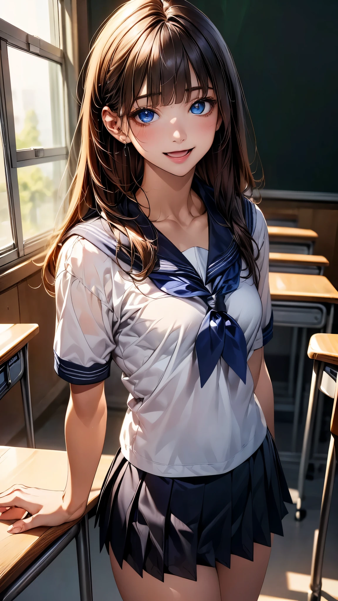 (masterpiece:1.2, top-quality), (realistic, photorealistic:1.4), beautiful illustration, (natural side lighting, movie lighting), depth of fields, , 
beautiful detailed hair, beautiful detailed face, beautiful detailed eyes, beautiful clavicle, beautiful body, beautiful chest, beautiful thigh, beautiful legs, 
looking at viewer, 1 girl, 18 years old, (perfect anatomy, anatomically correct, super detailed skin), cute and symmetrical face, perfect face, perfect eyes, 
(long hair, straight hair, sideburns, brown hair), blunt bangs, break blue eyes, big eyes, gorgeous eyes, long eye lasher, (small , seductive thighs), perfect body, oily skin, 
(short sleeve, sailor suit, pleated mini skirt, blue neckerchief), 
(beautiful scenery), (classroom:1.2, japanese school), standing, (lovely smile, open mouth small),