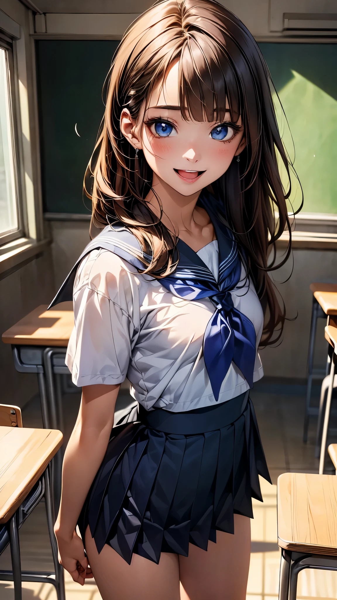 (masterpiece:1.2, top-quality), (realistic, photorealistic:1.4), beautiful illustration, (natural side lighting, movie lighting), depth of fields, , 
beautiful detailed hair, beautiful detailed face, beautiful detailed eyes, beautiful clavicle, beautiful body, beautiful chest, beautiful thigh, beautiful legs, 
looking at viewer, 1 girl, 18 years old, (perfect anatomy, anatomically correct, super detailed skin), cute and symmetrical face, perfect face, perfect eyes, 
(long hair, straight hair, sideburns, brown hair), blunt bangs, break blue eyes, big eyes, gorgeous eyes, long eye lasher, (small breasts, seductive thighs), perfect body, oily skin, 
(short sleeve, sailor suit, pleated mini skirt, blue neckerchief), 
(beautiful scenery), (classroom:1.2, japanese school), standing, (lovely smile, open mouth small),