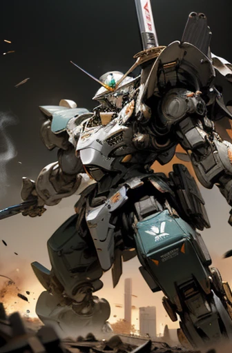knight armor massive,mobile suits,(roboT brasched:1.3),roboT,meca,droid,heaby armor massive,human_not,anime style,holding_sword,masterpiece,masterpiece,best quality,super detailed,super fine illustration,8k,dynamic' angle,industry meca design,giant size.Break in battlefield,cigarette,explosion,collapse building,detailed background.Break the roboT is running foward.