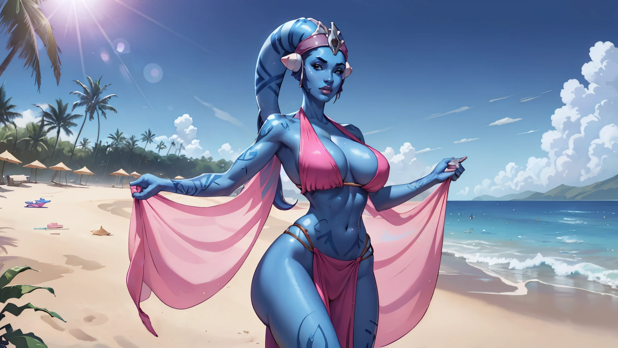 Bloom, HDR, lens flare, wide format, wallpaper, desktop, looking at viewer, Tall Blue Skin Twi'lek with (gigantic breasts) wearing a hot pink bikini and sarong, beach wrap, beach dress, on the beach, tattoos, cleavage, tall, graceful, (tall, long legs), athletic, slim hips, small waist, close-up
