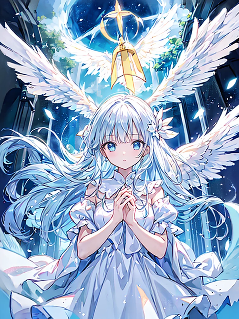 High resolution, Anatomically correct, Long white hair,Blue sauce eyes,Angel Halo,Angel big wings,White dress,Floating about one meter in the air,Praying pose with both hands in fist,church