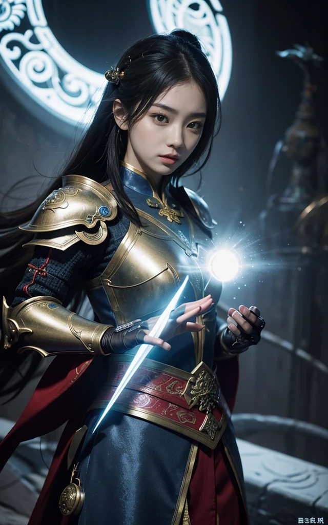 Ultra-high resolution,High-resolution details(Flying in the sky on a dragon),Chinese dragon,18 years old Korean girl,The facial features are beautiful and beautiful,Sexy lips,Holding weapons, (The future armor combines the characteristics of Chinese armor,hollow-carved design,Power Armor,Mysterious oriental runes,Exquisite clothing patterns,Magic Flash),现代Fantasy风格,photography,Light Solution,real,Fantasy,Science Fiction,myth