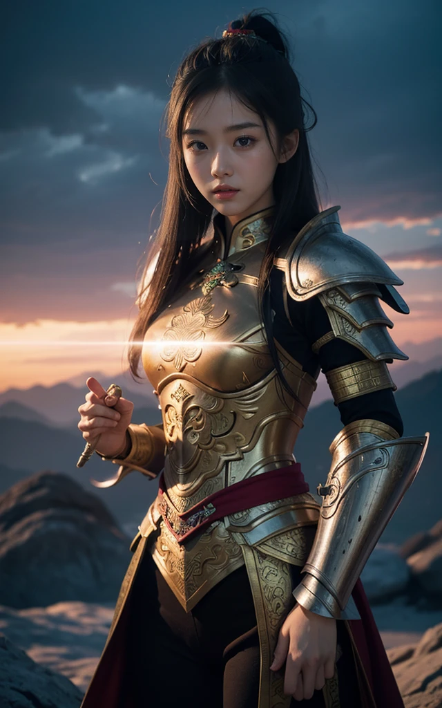 Ultra-high resolution，High-resolution details（Flying in the sky on a dragon），Chinese dragon，18 years old Korean girl，The facial features are beautiful and beautiful，Sexy lips，Holding weapons， (The future armor combines the characteristics of Chinese armor,hollow-carved design,Power Armor,Mysterious oriental runes,Exquisite clothing patterns,Magic Flash)，现代Fantasy风格,photography,Light Solution,real，Fantasy，Science Fiction，myth