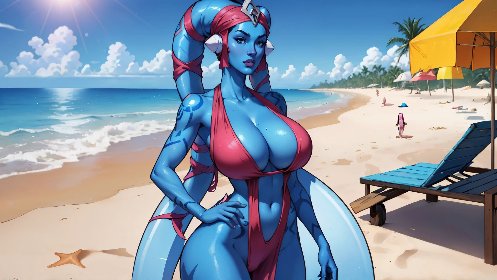 Bloom, HDR, lens flare, Tall Blue Skin Twi'lek with (gigantic breasts) wearing a hot pink one-piece swimsuit and sarong, beach wrap, beach dress, on the beach, tattoos, cleavage, tall, graceful, (tall, long legs), athletic, slim hips, small waist, close-up