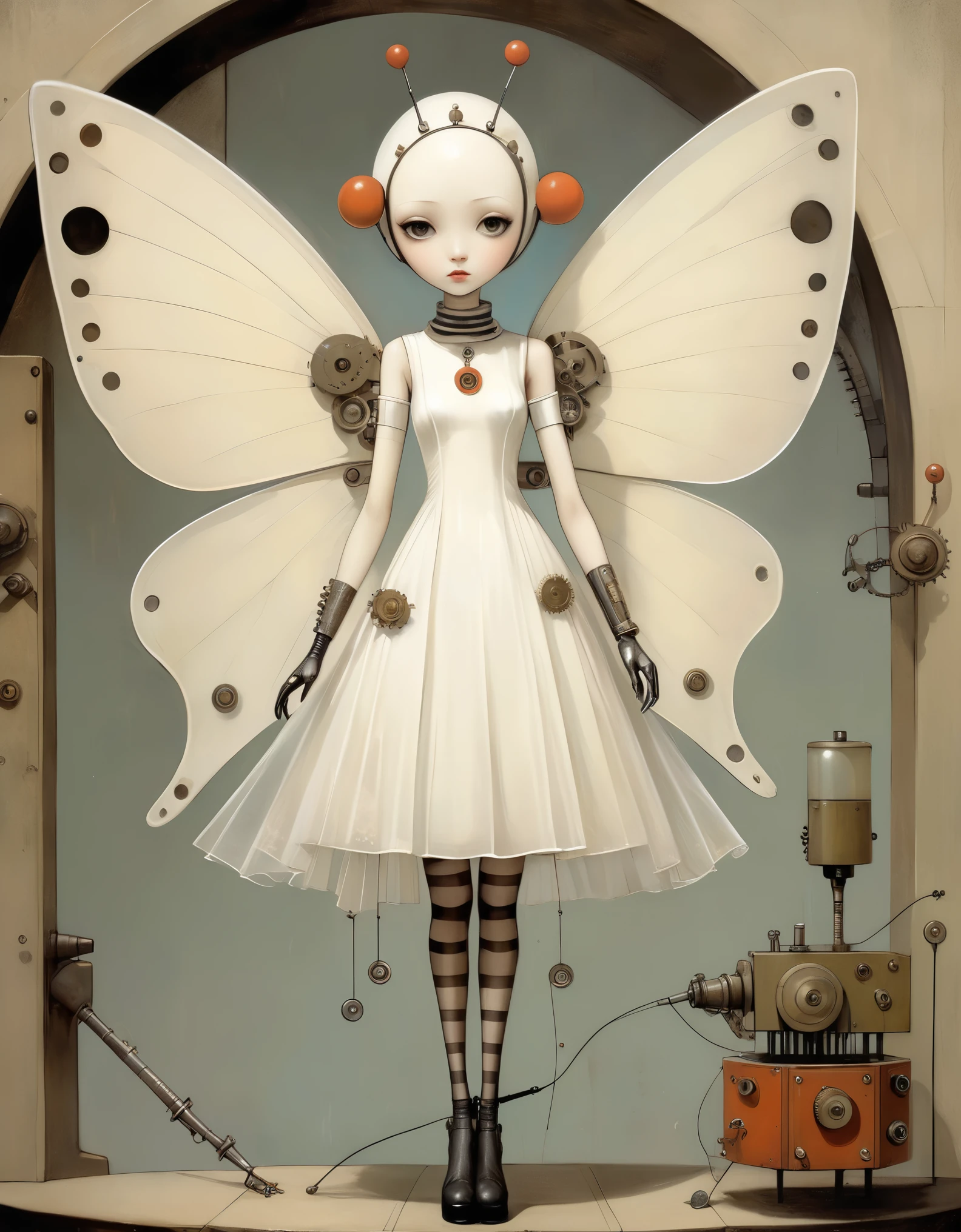 Skinhead_Butterfly wing gimmick_White sheer dress_Mechanical fairy、Mechanical limbs、(Gabriel Pacheco Style page)、DonMSt34mPXL