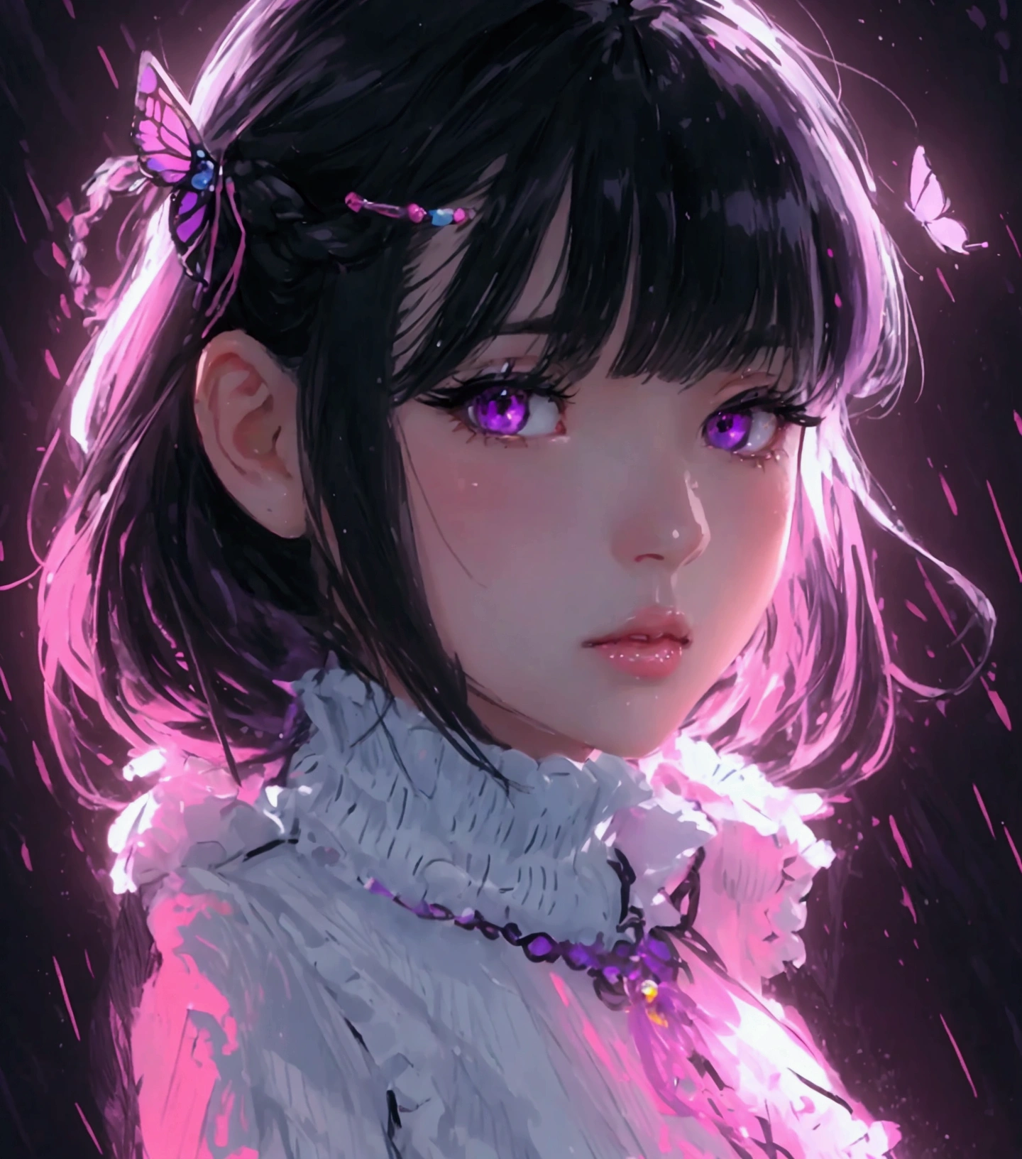 (Highest quality, sketch:1.2),Realistic,Illustrator,アニメ,1 Girl, Detailed lips,sweater,custom,Pink gradient background,Neon Hair,Texture Cropping,masterpiece, Style: Retro Classic, Dark Black、Braid、Under the Moon、Black Hair、Beautiful butterfly、Rainbow Butterfly Hair Ornament、Long Hair、Fair skin,Side Tail with a single knot、Butterfly Hair Ornament、、beautiful girl、Real、cute、Purple Eyes、Side Tail