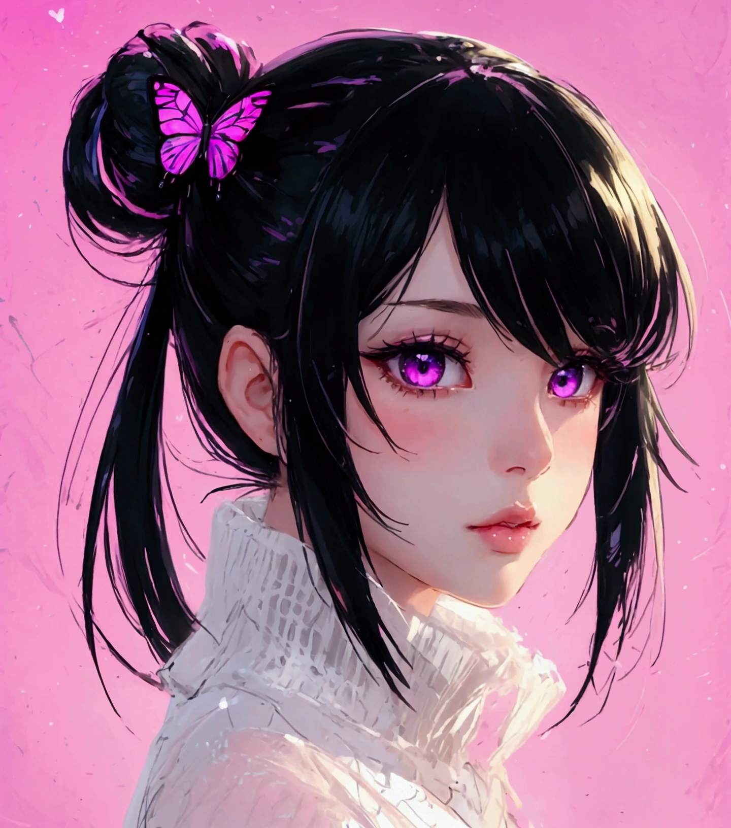 (Highest quality, sketch:1.2),Realistic,Illustrator,アニメ,1 Girl, Detailed lips,sweater,custom,Pink gradient background,Neon Hair,Texture Cropping,masterpiece, Style: Retro Classic, Dark Black、Braid、Under the Moon、Black Hair、Beautiful butterfly、Rainbow Butterfly Hair Ornament、Long Hair、Fair skin,Side Tail with a single knot、Butterfly Hair Ornament、、beautiful girl、Real、cute、Purple Eyes、Side Tail