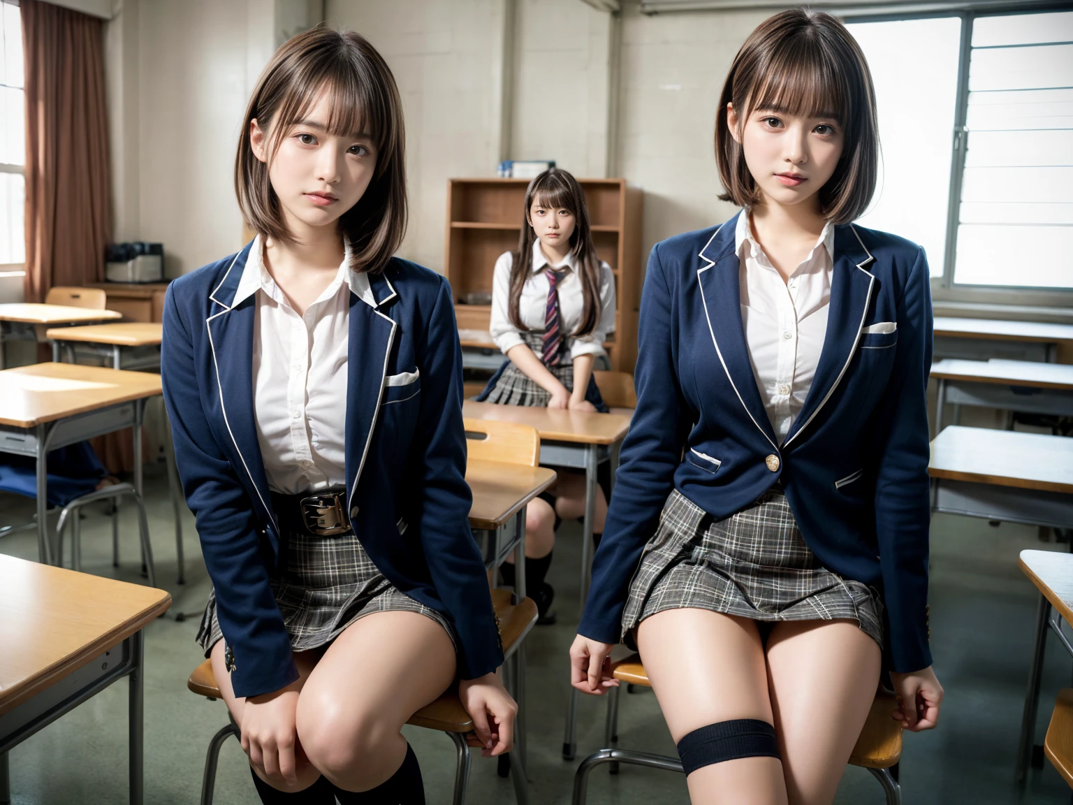 masterpiece, best quality, illustration, Super detailed, fine details, High resolution, 8K,wall paper, perfect dynamic composition,(Details High quality, realistic depiction of eyes:1.3), (2 girls), High School Classroom、High school girl uniform、blazer 、Super Short Check Uniform Skirt、Navy blue high socks、garterbelts、Colossal tits、Disturbed uniform, short hair, deep on field, large breasts, black hair color, Big Natural Color Lip, (perfect body shape), crying a little、Harajuku style、20 year old girl、cute type、beautiful legs, Gravure Idol