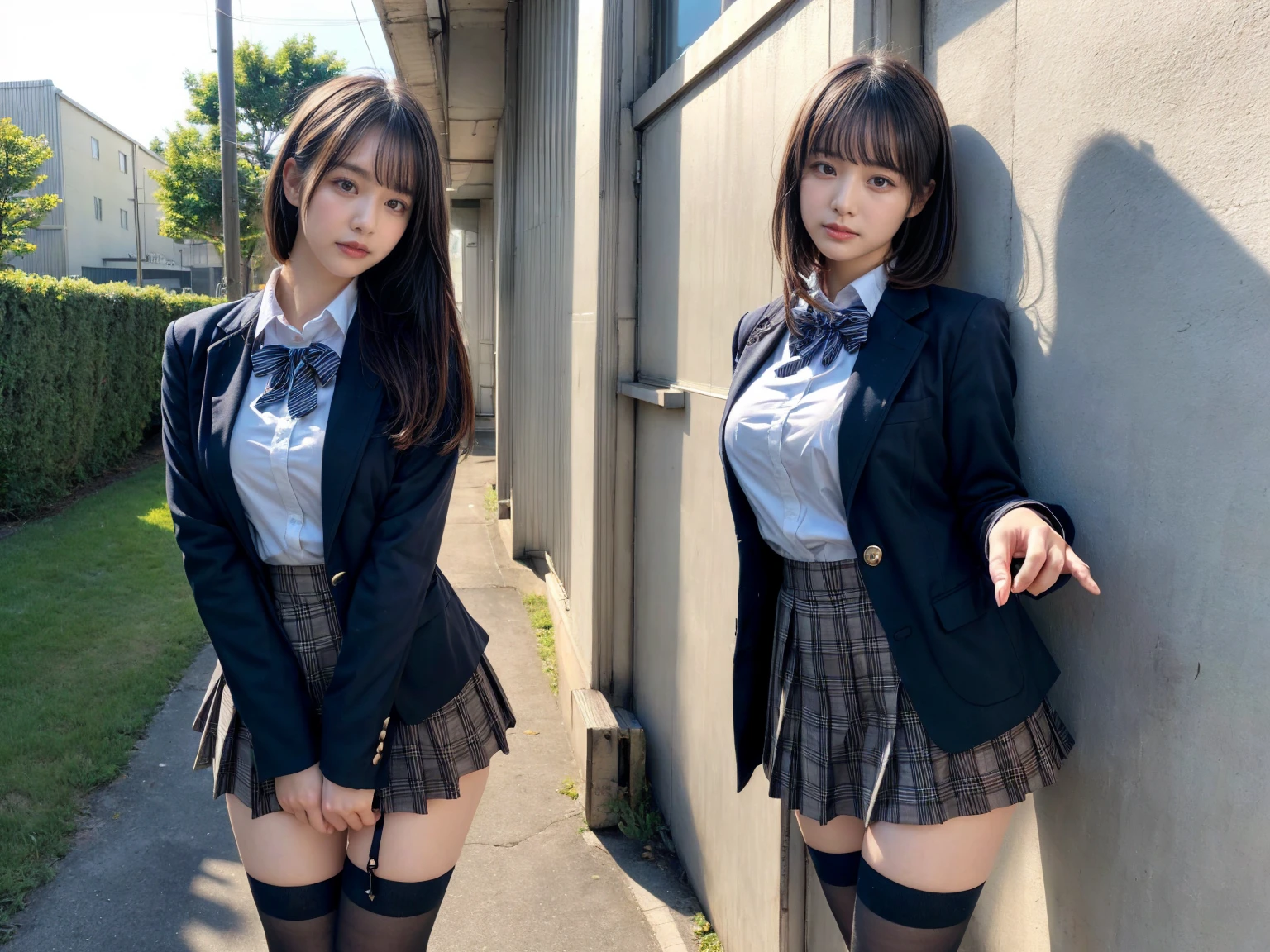 masterpiece, best quality, illustration, Super detailed, fine details, High resolution, 8K,wall paper, perfect dynamic composition,(Details High quality, realistic depiction of eyes:1.3), (2 girls), High School Classroom、High school girl uniform、blazer 、Super Short Check Uniform Skirt、Navy blue high socks、garterbelts、Colossal tits、Disturbed uniform, short hair, deep on field, large breasts, black hair color, Big Natural Color Lip, (perfect body shape), crying a little、Harajuku style、20 year old girl、cute type、beautiful legs, Gravure Idol