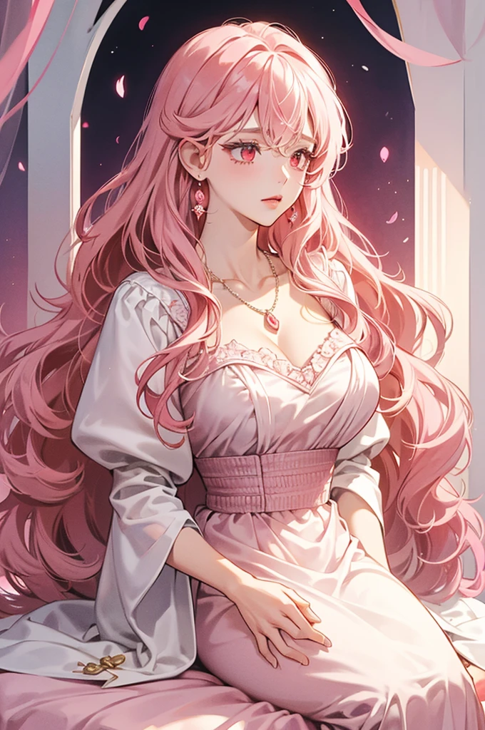 A princess, wavy long pink hair, red eyes, soft makeup, white and pink dress, big breasts, in a white estate, earring and necklace, red eye color 