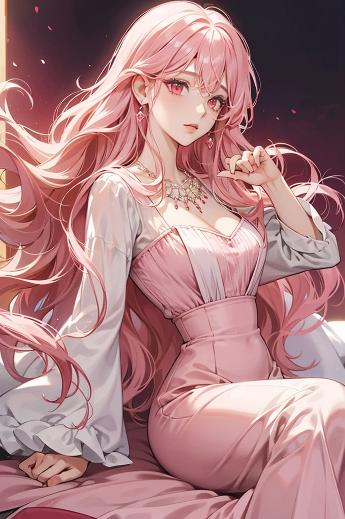 A princess, wavy long pink hair, red eyes, soft makeup, white and pink dress, big breasts, in a white estate, earring and necklace, red eye color