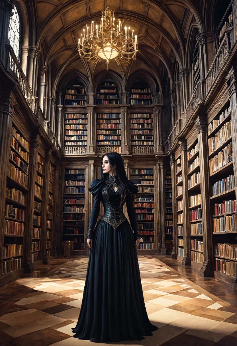 ((best quality)) ((masterpiece)) ((very detailed)) a beautiful adult woman is in a library, she is naked, her whole body is exposed, she is wearing glasses, her hair is tied up, she is slender , her breasts are gigantic, the woman is extremely sexy, she is taking an old book from the shelf, (view from below) very old books, old library, strong shadows, dark environment, full body, ((full body)).