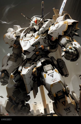 knight armor massive,mobile suits,(roboT brasched:1.3),METAL,roboT,meca,droid,heaby armor massive,human_not,anime style,holding_sword,masterpiece,masterpiece,best quality,super detailed,super fine illustration,8k,dynamic' angle,industry meca design,giant size.Break in battlefield,cigarette,explosion,collapse building,detailed background.Break the roboT is running foward.
