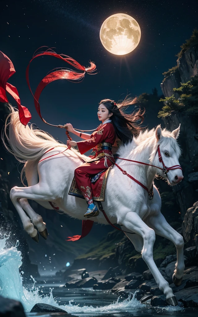 (Chinese woman riding a Chinese mythical beast),Kirin,Wear red Hanfu,Long hair fluttering in the wind,现代Fantasy风格,photography,Light Solution,real,Fantasy,Science Fiction