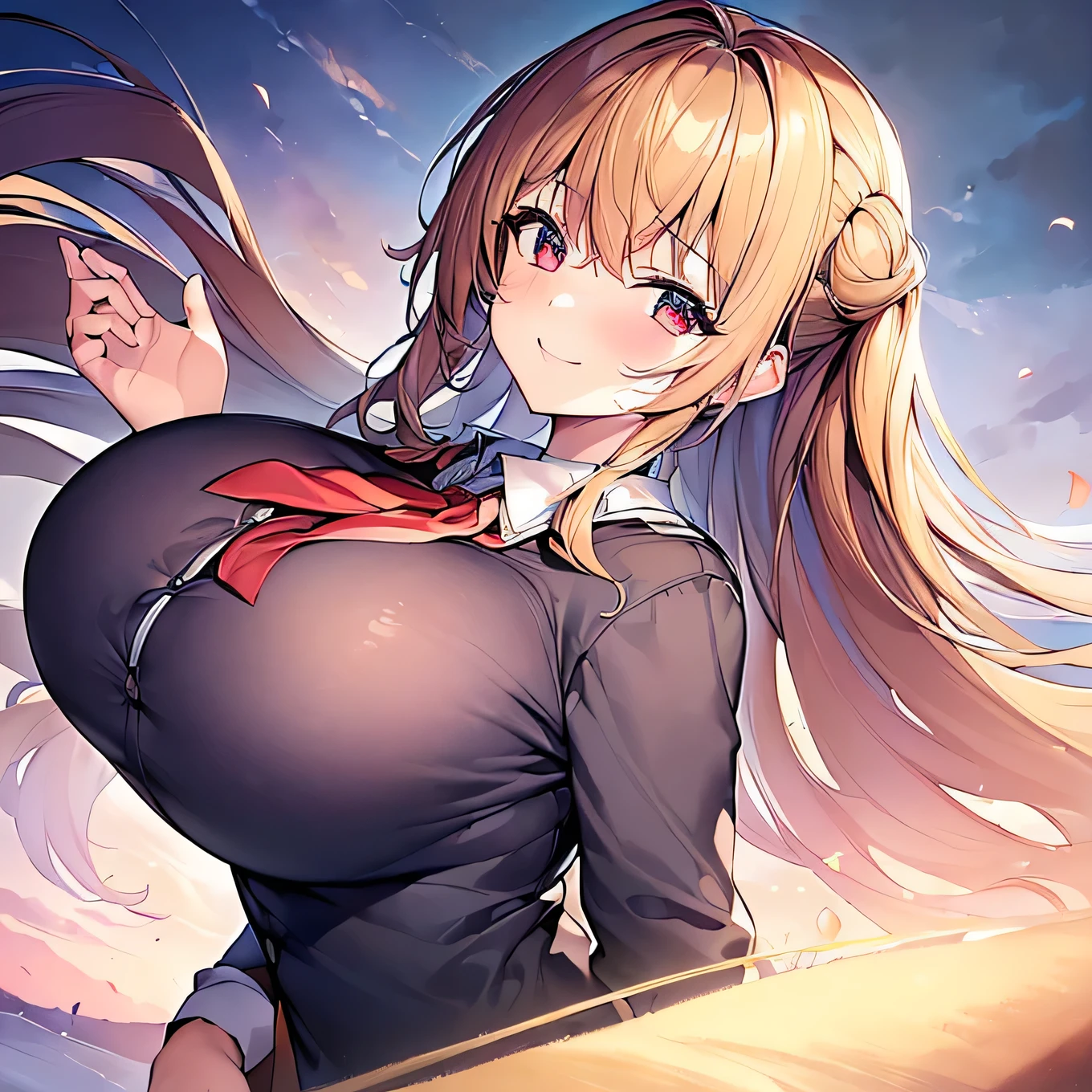 (masterpiece,UHD,super detail,high detail,16k,best quality,1080P,award winning:1.2),pov,1girl,smile,cute,(school uniform,big breasts,large breasts,mega breasts,max size breasts,face,shoot from above),looking viewer