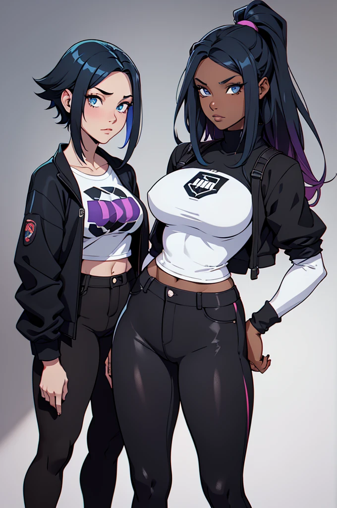 dark skin,1 girl,((multicolored hair, black hair, blue hair)), 1 girl, two-tone hair, black on top, white on bottom 1 gilr, ,perfect anatomy girl muscular girl toned body girl large breasts girl thick girl angry girl best quality girl black hair girl yellow eyes girl pale girl pale girl,linda mulher morena, musculosa , usando short legging withe, meia calça preta, cabelo curto, belos olhos, olhos lindos, amarelos, camisa branca, jaqueta de couro preta, shorts, short legging white, cidade beco escuro pantyhose black, two-tone hair, black on top, white on bottom
two women, mother and daughter, 35 year old mother and 25 year old daughter, mother's black hair, daughter's blue hair, mother's blue eyes, daughter's purple eyes, baggy clothing