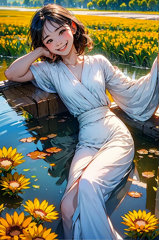 (in 8K、top-quality、masterpiece:1.2)、One woman、(Smiling smile:1.1)、beautidful eyes、Valley、The upper part of the body、shorth hair、Like a boy、short-cut、red view、