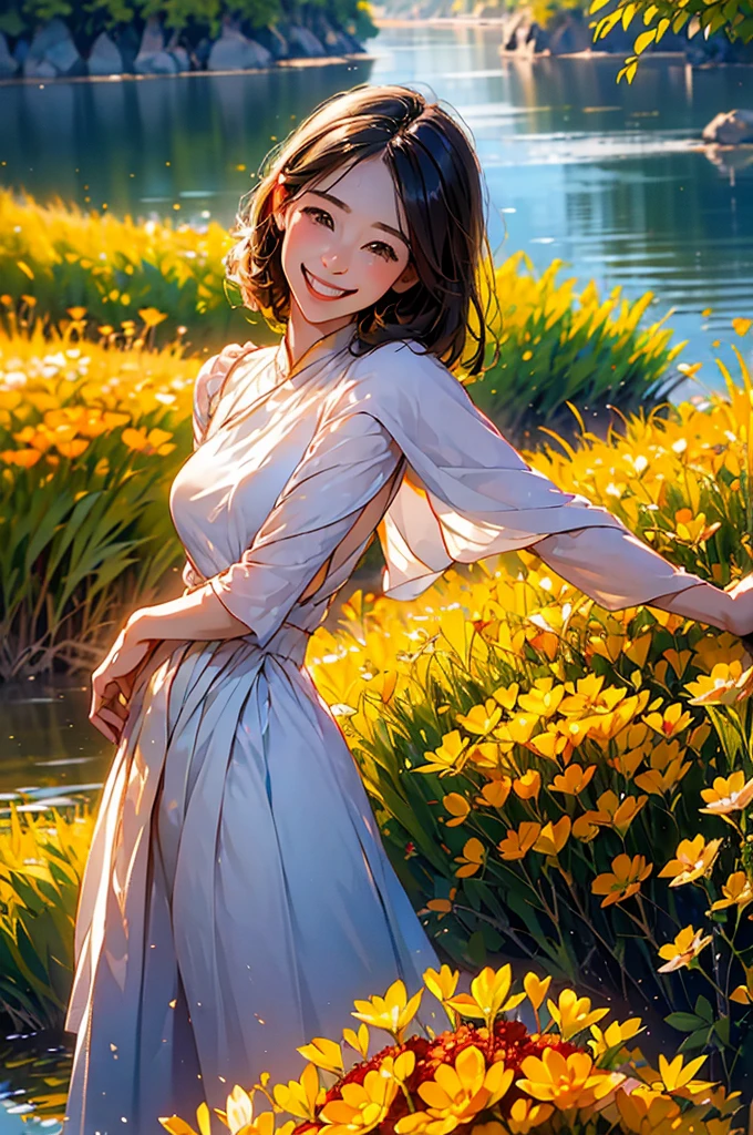 (in 8K、top-quality、​masterpiece:1.2)、One woman、(Smiling smile:1.1)、beautidful eyes、Valley、The upper part of the body、shorth hair、Like a boy、short-cut、red view、