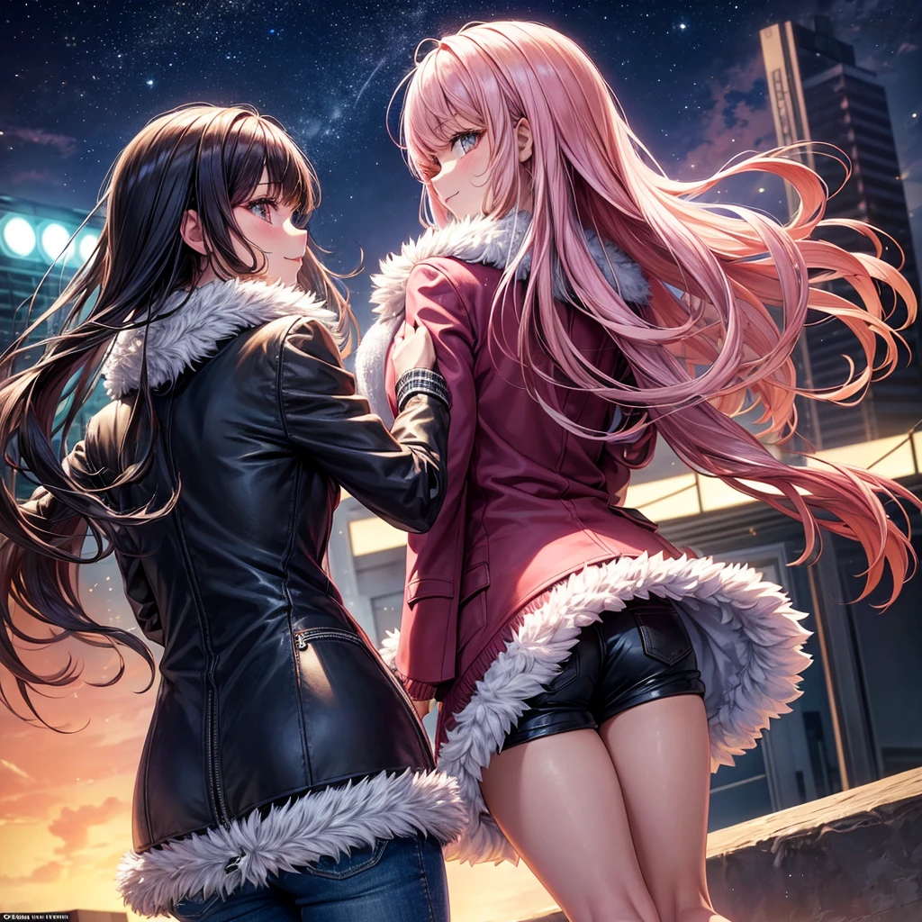 best quality,,smile,blazer,swimsuit,Back view,Turning her back,With your back turned、Face forward,School,Collective of girls,fur jacket,pink track jacket,Physical education class,JK,Sexy and cute,future,Long trousers,jeans,Wearing a fastener bra,zipper bra,Long Hair,She has her bangs down,evolution系ファッション,Cuteness at its finest,Sparkling,Leather shorts,beautiful,middle School girlultiple girls are depicted,harem,idol group,infinite possibilities,leather jacket,fur jacket,Hair tucked behind ear,futureの服装,evolution,starry sky background,photo shoot,long hair,wearing a cardigan,beautiful girlの国,girl's paradise,highest quality,big breasts,leather jacket,happy girl,horny girl,Blue eyes,perfect face,standing position,She has her bangs down,fur jacket,Beautiful eyes,smooth hair,perfect eyes,beautiful girl,Angel Girl,multicolored hair colors,naughty girl,beautiful,High-dimensional beautiful girl,Multidimensional beautiful girl,gathering,Group、,