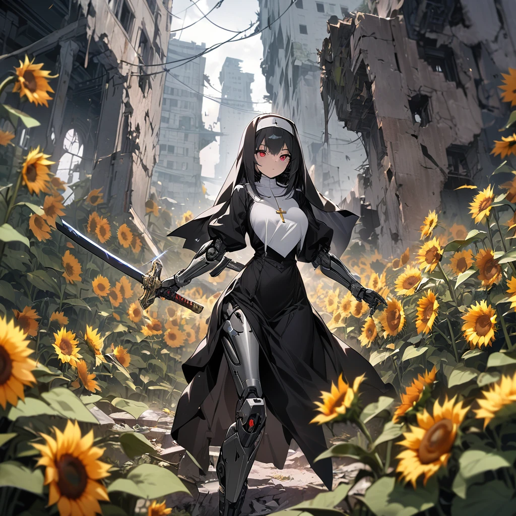 Top quality, masterpiece, high resolution, nun, black hair, red eyes, mechanical arms, mechanical legs, cyber style Japanese sword, cloaked in lightning, ruins, sunflowers