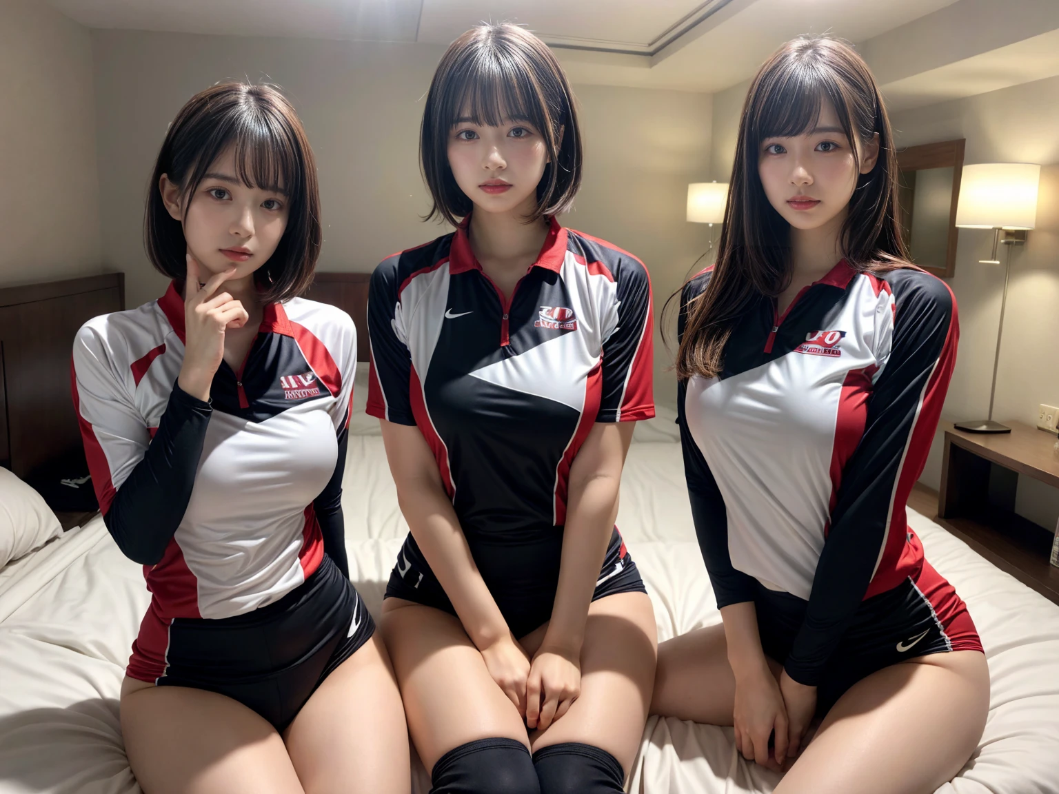 masterpiece, best quality, illustration, Super detailed, fine details, High resolution, 8K,wall paper, perfect dynamic composition,(Details High quality, realistic depiction of eyes:1.3), (2 girls), (short hair volleyball player, Volleyball Uniforms), Tight clothes, sitting, open legs, short bob hair, in a hotel room in the background, deep on field, large breasts, black hair color, Big Natural Color Lip, (perfect body shape), crying a little、Harajuku style、20 year old girl、cute type、beautiful legs, Gravure Idol