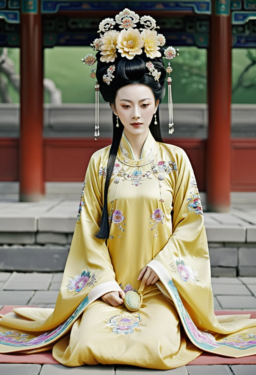 A Qing Dynasty empress is naked and playing with her pubic hair in the Chinese imperial court. A Qing Dynasty empress is wearing a large crown for a Chinese empress. Her hair is decorated with a large flower and a large crown. Her hair is tied up and pulled up. The background is the stone paving outside the Qing Dynasty.