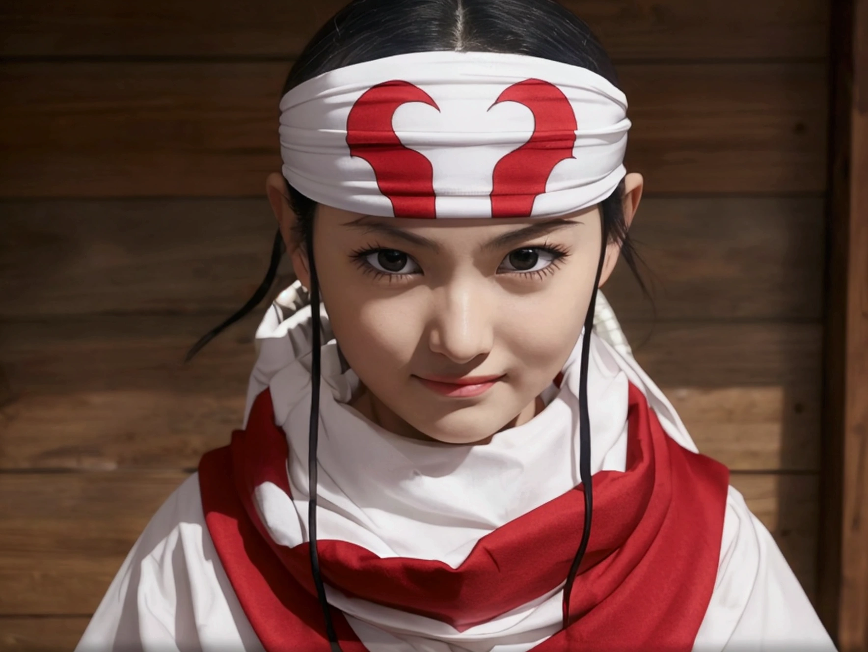 child standing bandana on forehead cowl kyoukai sweet child guarding small room sentry cowboy shot evil smile
